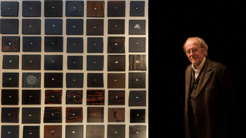 Bilde av kunstverk av ulike øyne, portrett av kunstneren Kjell Torriset